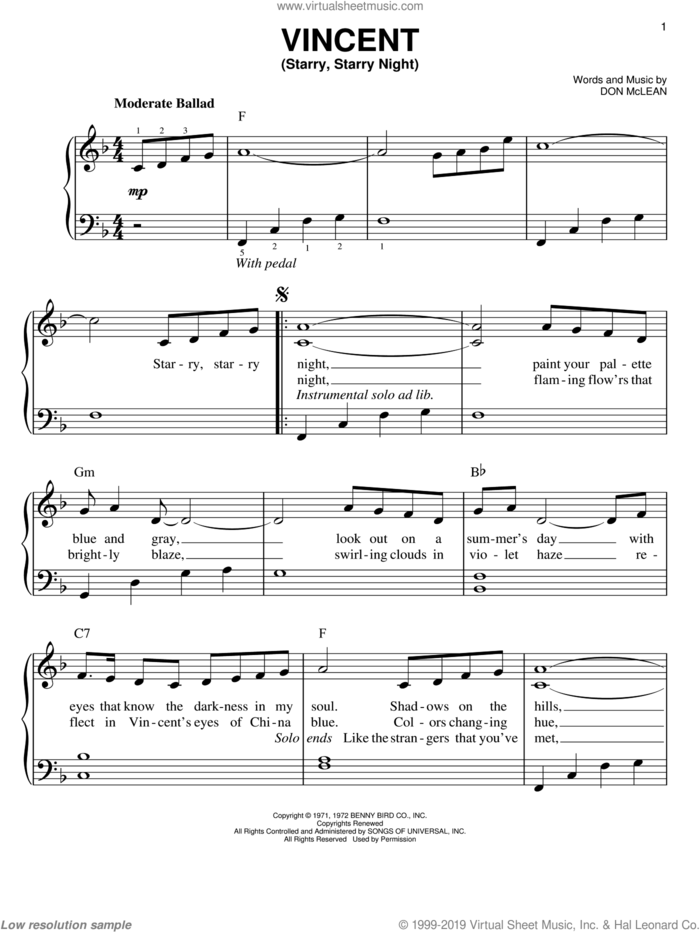 Vincent (Starry Starry Night) sheet music for piano solo by Josh Groban and Don McLean, easy skill level
