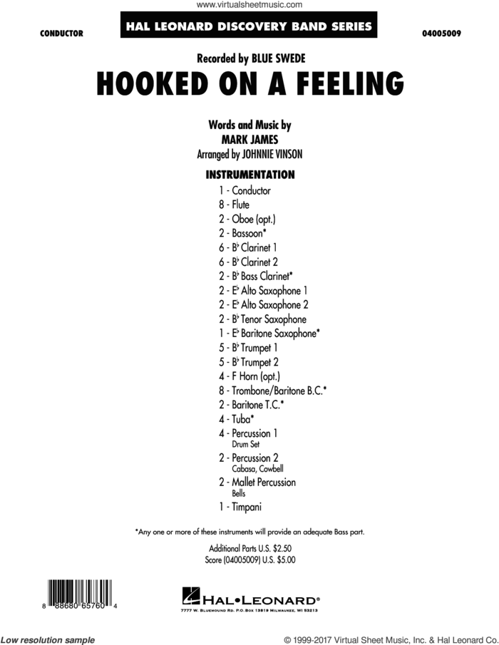 Hooked on a Feeling (COMPLETE) sheet music for concert band by Johnnie Vinson, B.J. Thomas, Blue Swede and Mark James, intermediate skill level