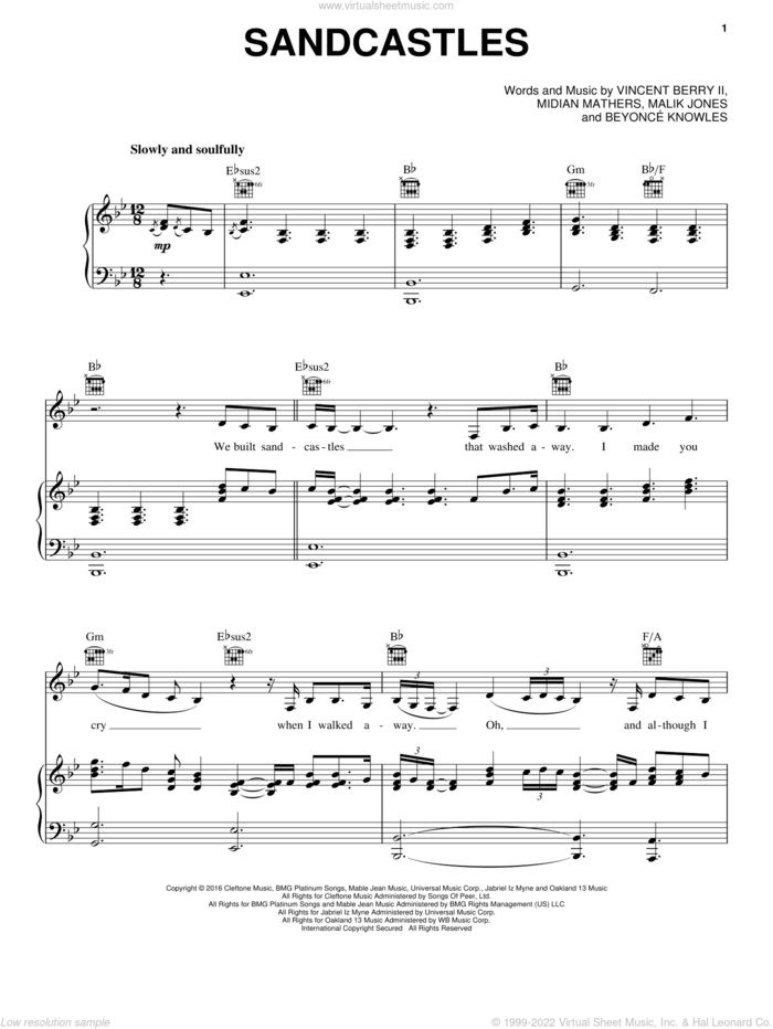 Sandcastles sheet music for voice, piano or guitar by Beyonce, Beyonce Knowles, Malik Jones, Midian Mathers and Vincent Berry II, intermediate skill level