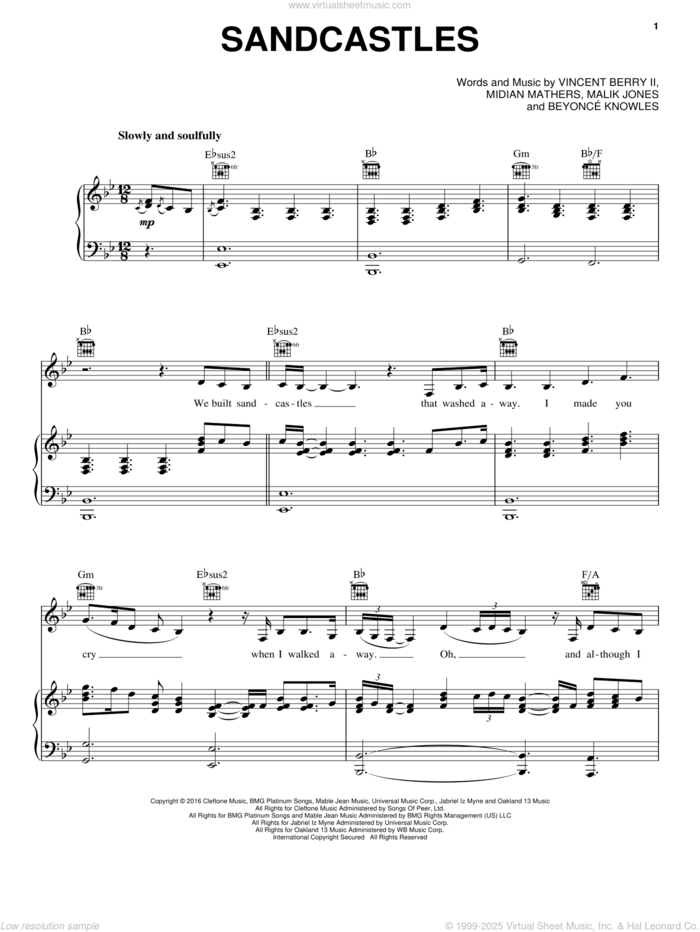 Sandcastles sheet music for voice, piano or guitar by Beyonce, Beyonce Knowles, Malik Jones, Midian Mathers and Vincent Berry II, intermediate skill level