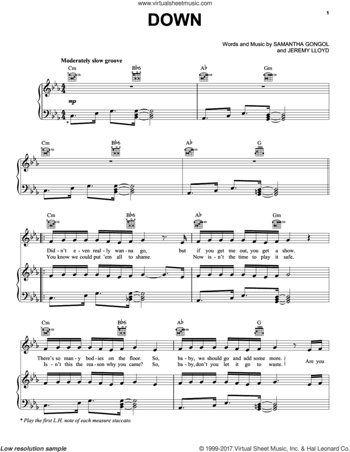 Down sheet music for voice, piano or guitar by Marian Hill, Jeremy LLoyd and Samantha Gongol, intermediate skill level