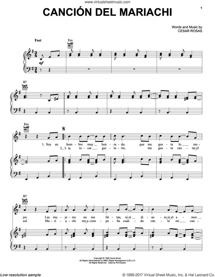 Cancion Del Mariachi sheet music for voice, piano or guitar by Los Lobos & Antonio Banderas and Cesar Rosas, intermediate skill level