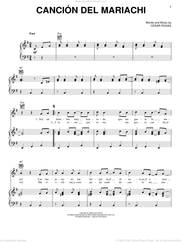 Cancion Del Mariachi sheet music for voice, piano or guitar by Los Lobos & Antonio Banderas and Cesar Rosas, intermediate skill level