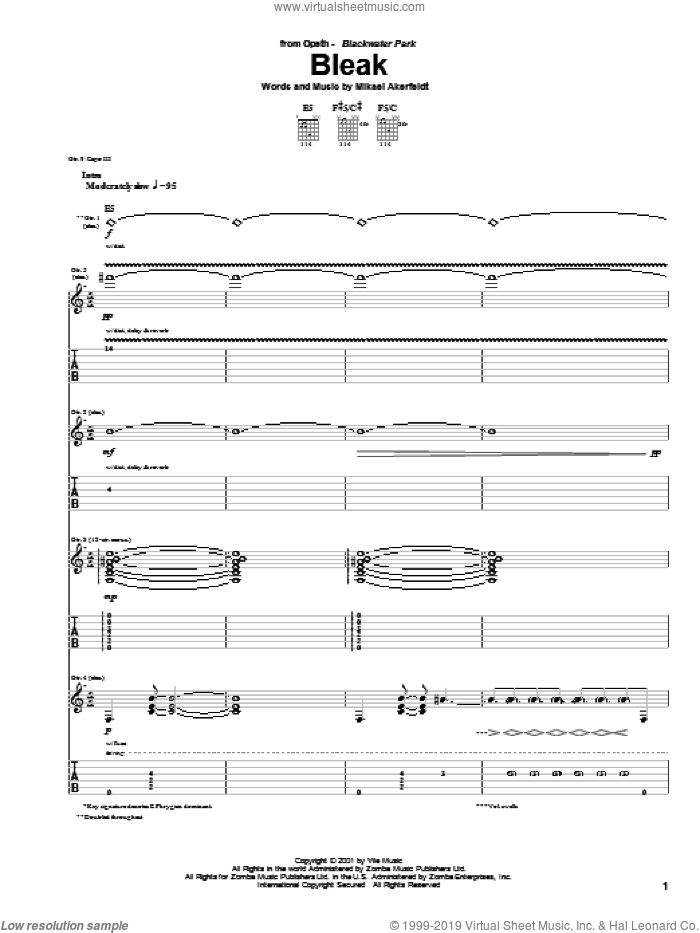 Bleak sheet music for guitar (tablature) by Opeth and Mikael Akerfeldt, intermediate skill level