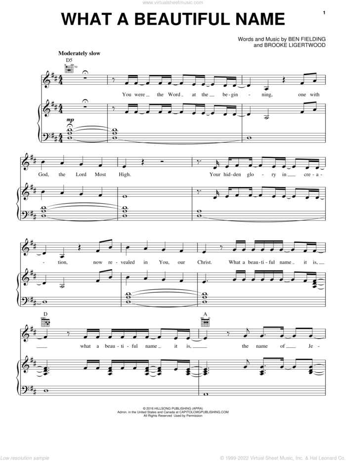 What A Beautiful Name sheet music for voice, piano or guitar by Hillsong Worship, Ben Fielding and Brooke Ligertwood, intermediate skill level