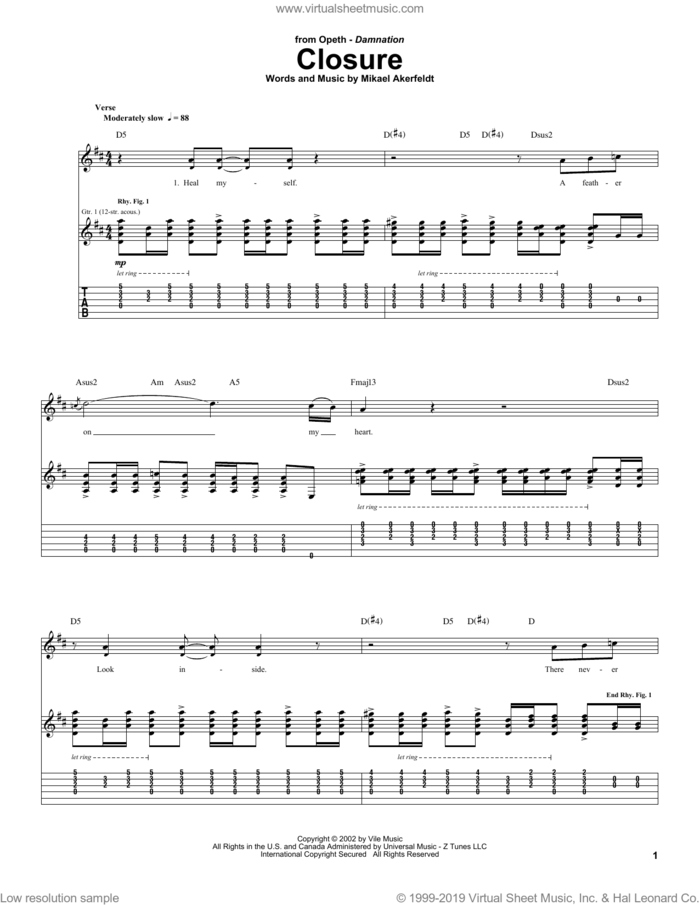 Closure sheet music for guitar (tablature) by Opeth and Mikael Akerfeldt, intermediate skill level