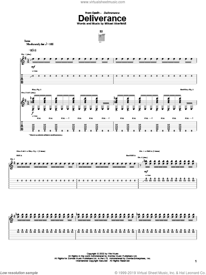 Deliverance sheet music for guitar (tablature) by Opeth and Mikael Akerfeldt, intermediate skill level