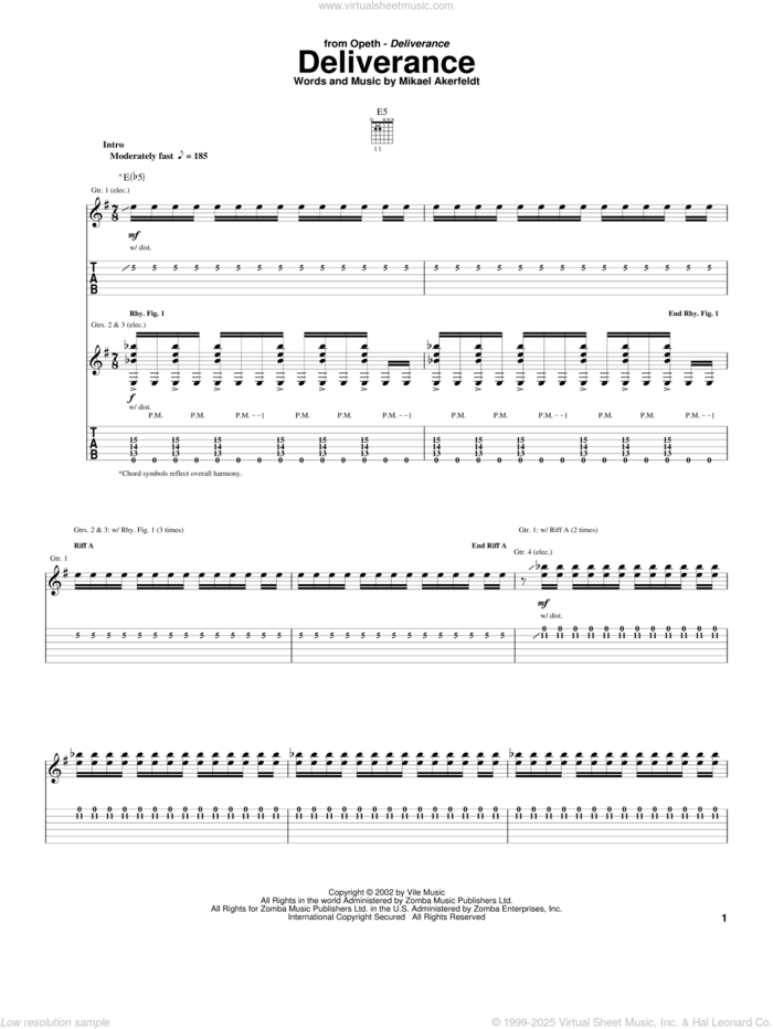 Deliverance sheet music for guitar (tablature) by Opeth and Mikael Akerfeldt, intermediate skill level