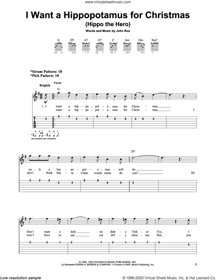 I Want A Hippopotamus For Christmas (Hippo The Hero) sheet music for guitar solo (easy tablature) by John Rox, easy guitar (easy tablature)