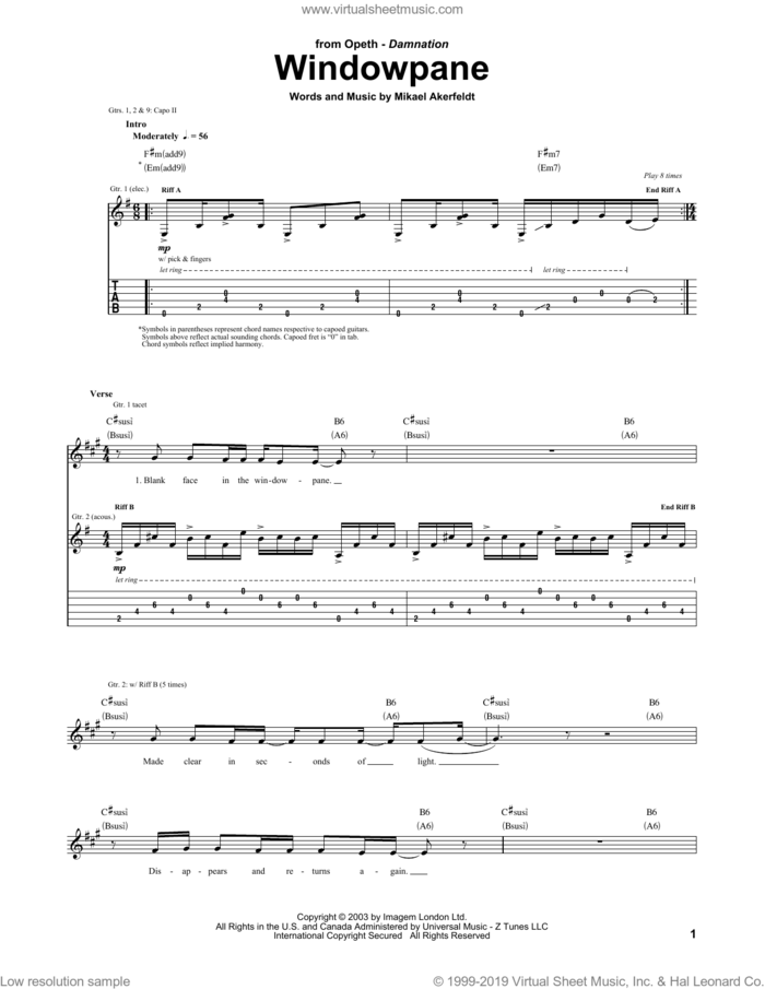 Windowpane sheet music for guitar (tablature) by Opeth and Mikael Akerfeldt, intermediate skill level