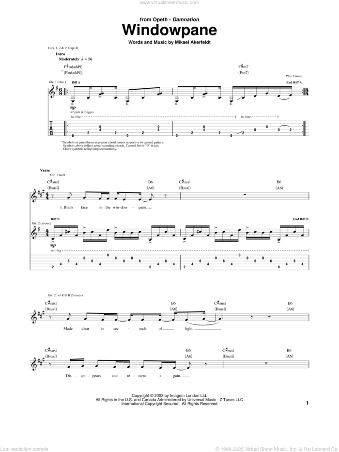 Windowpane sheet music for guitar (tablature) by Opeth and Mikael Akerfeldt, intermediate skill level