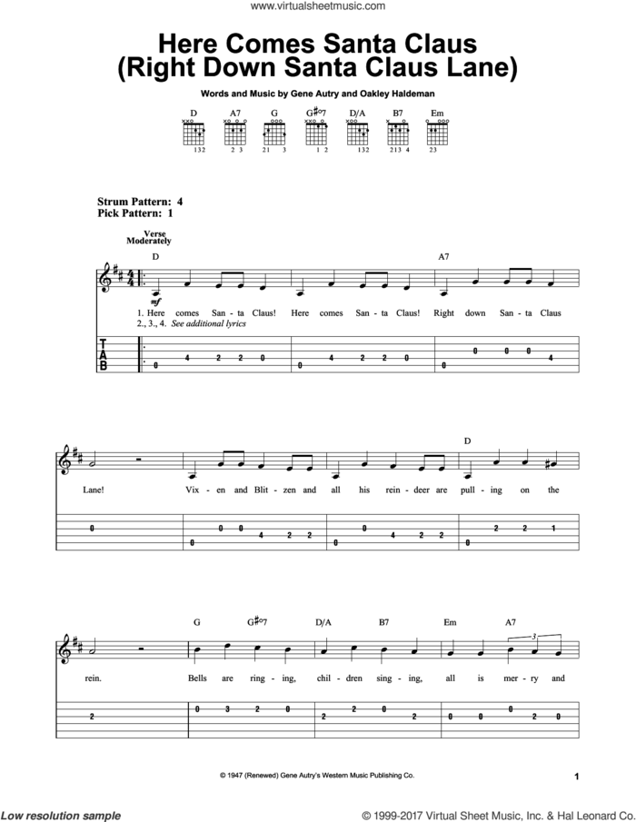 Here Comes Santa Claus (Right Down Santa Claus Lane) sheet music for guitar solo (easy tablature) by Gene Autry and Oakley Haldeman, easy guitar (easy tablature)
