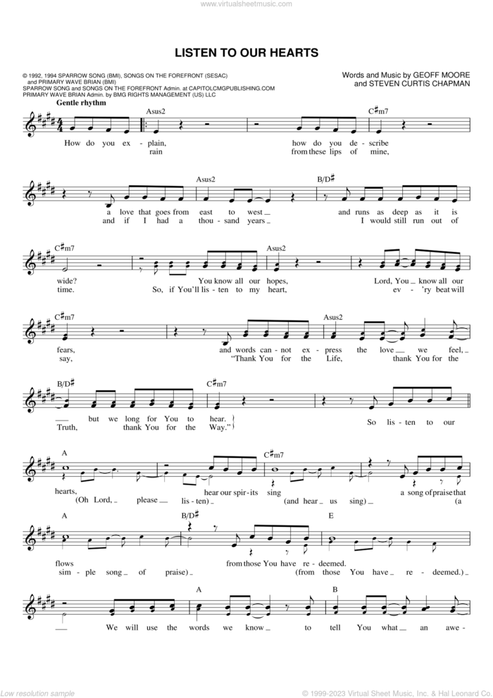 Listen To Our Hearts sheet music for voice and other instruments (fake book) by Geoff Moore & The Distance, Geoff Moore and Steven Curtis Chapman, wedding score, intermediate skill level