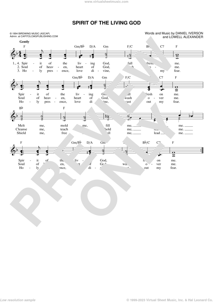 Spirit Of The Living God sheet music for voice and other instruments (fake book) by Lowell Alexander and Daniel Iverson, intermediate skill level