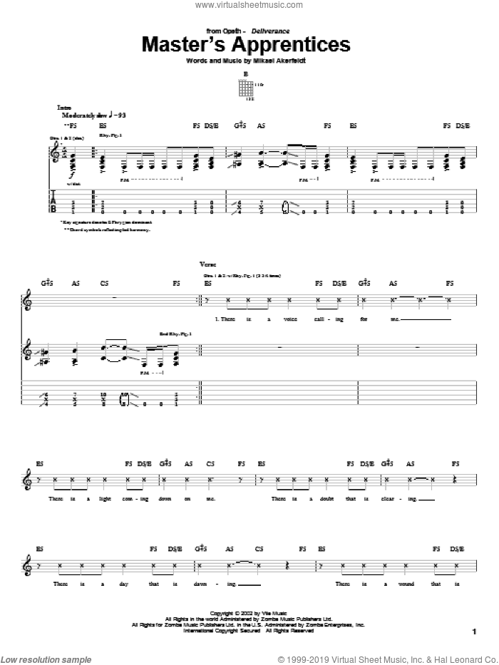 Master's Apprentices sheet music for guitar (tablature) by Opeth and Mikael Akerfeldt, intermediate skill level