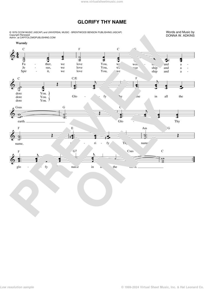 Glorify Thy Name sheet music for voice and other instruments (fake book) by Donna Adkins, intermediate skill level