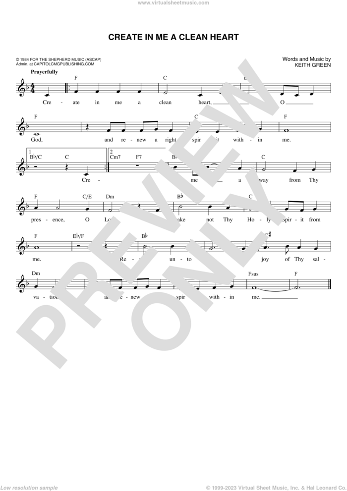 Create In Me A Clean Heart sheet music for voice and other instruments (fake book) by Keith Green, intermediate skill level
