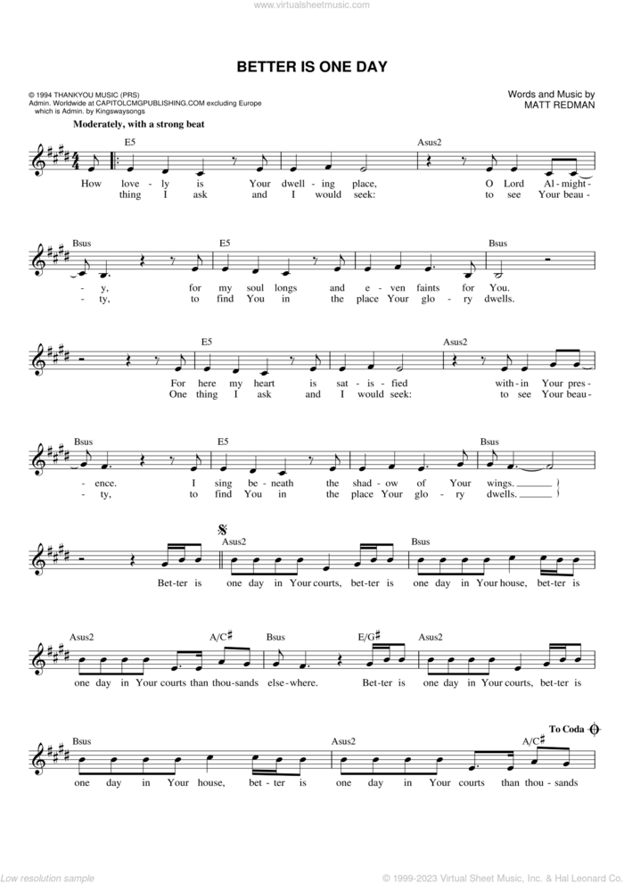 Better Is One Day sheet music for voice and other instruments (fake book) by Matt Redman and Passion, intermediate skill level