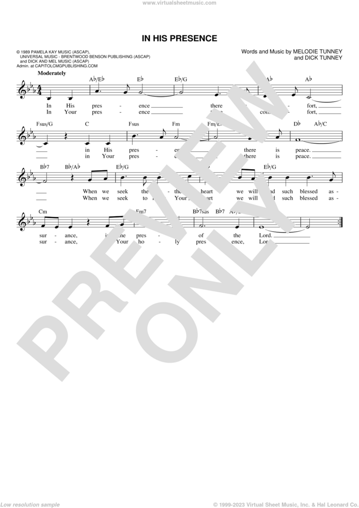 In His Presence sheet music for voice and other instruments (fake book) by Melodie Tunney and Dick Tunney, intermediate skill level