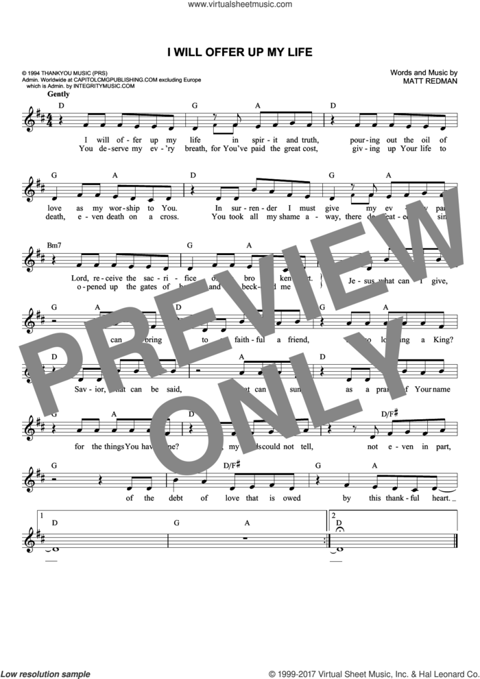 I Will Offer Up My Life sheet music for voice and other instruments (fake book) by Matt Redman, intermediate skill level