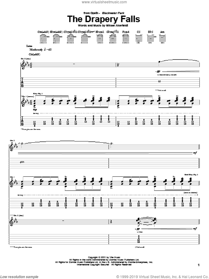 The Drapery Falls sheet music for guitar (tablature) by Opeth and Mikael Akerfeldt, intermediate skill level