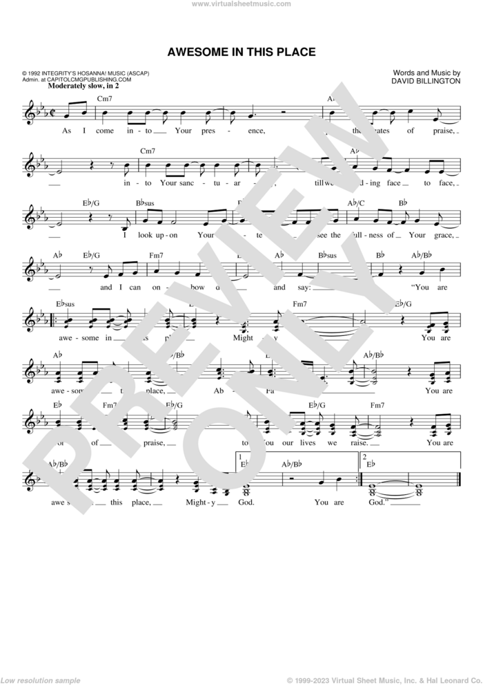 Awesome In This Place sheet music for voice and other instruments (fake book) by David Billington, intermediate skill level