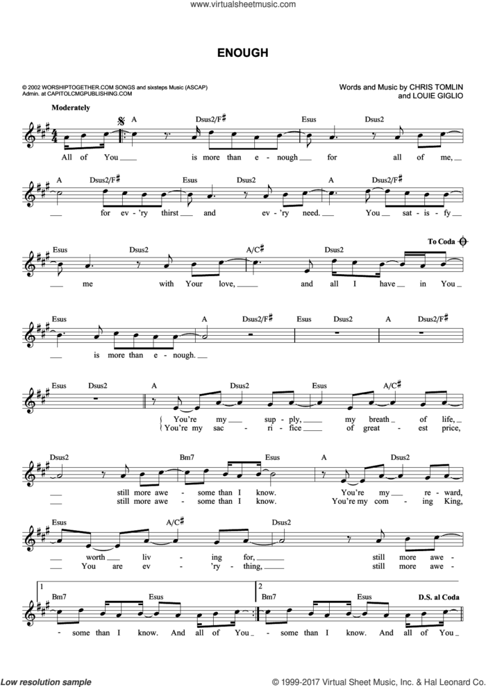 Enough sheet music for voice and other instruments (fake book) by Chris Tomlin, Jeremy Camp and Louie Giglio, intermediate skill level