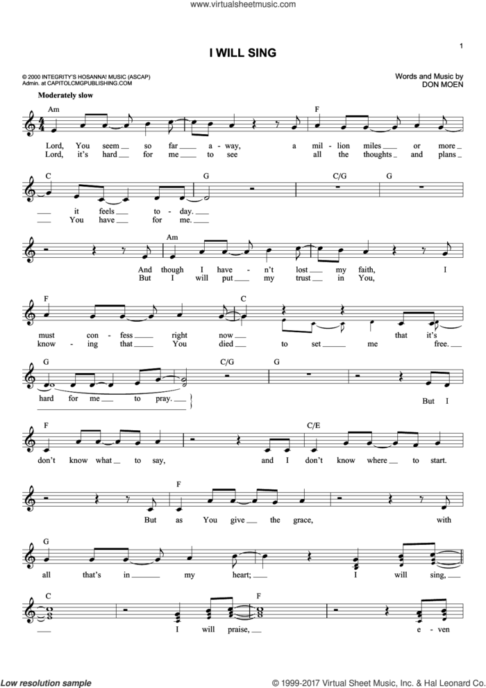 I Will Sing sheet music for voice and other instruments (fake book) by Don Moen, intermediate skill level