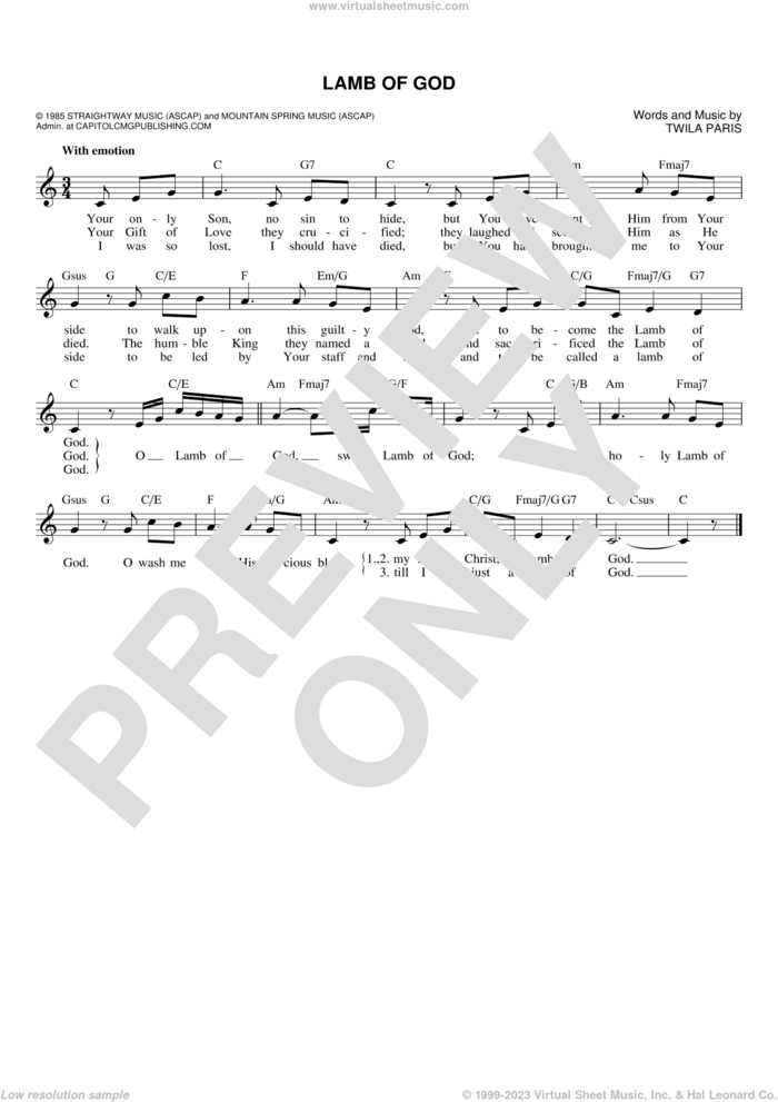 Lamb Of God sheet music for voice and other instruments (fake book) by Twila Paris, intermediate skill level