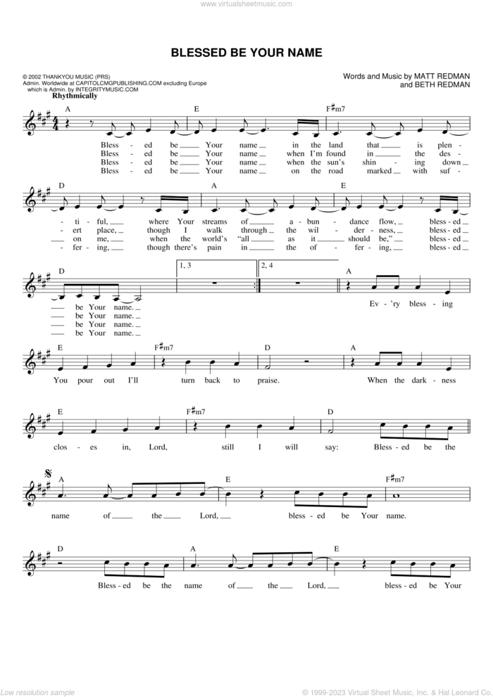 Blessed Be Your Name sheet music for voice and other instruments (fake book) by Matt Redman, Tree63 and Beth Redman, intermediate skill level