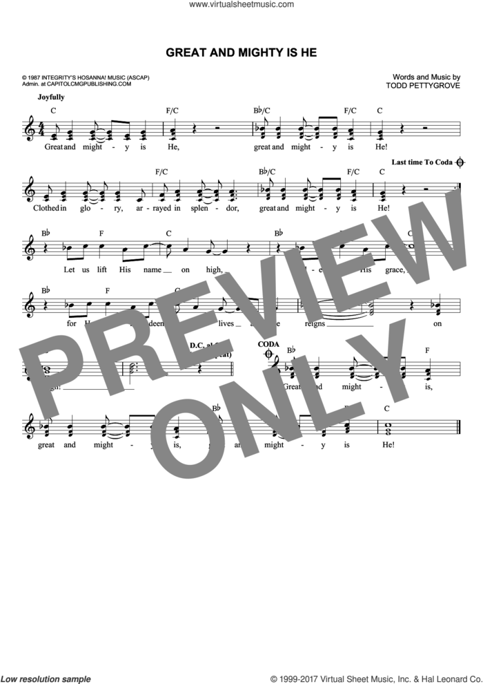Great And Mighty Is He sheet music for voice and other instruments (fake book) by Todd Pettygrove, intermediate skill level