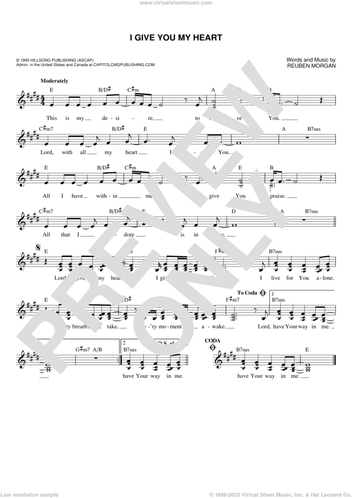 I Give You My Heart sheet music for voice and other instruments (fake book) by Jeff Deyo, Hillsong Worship and Reuben Morgan, intermediate skill level