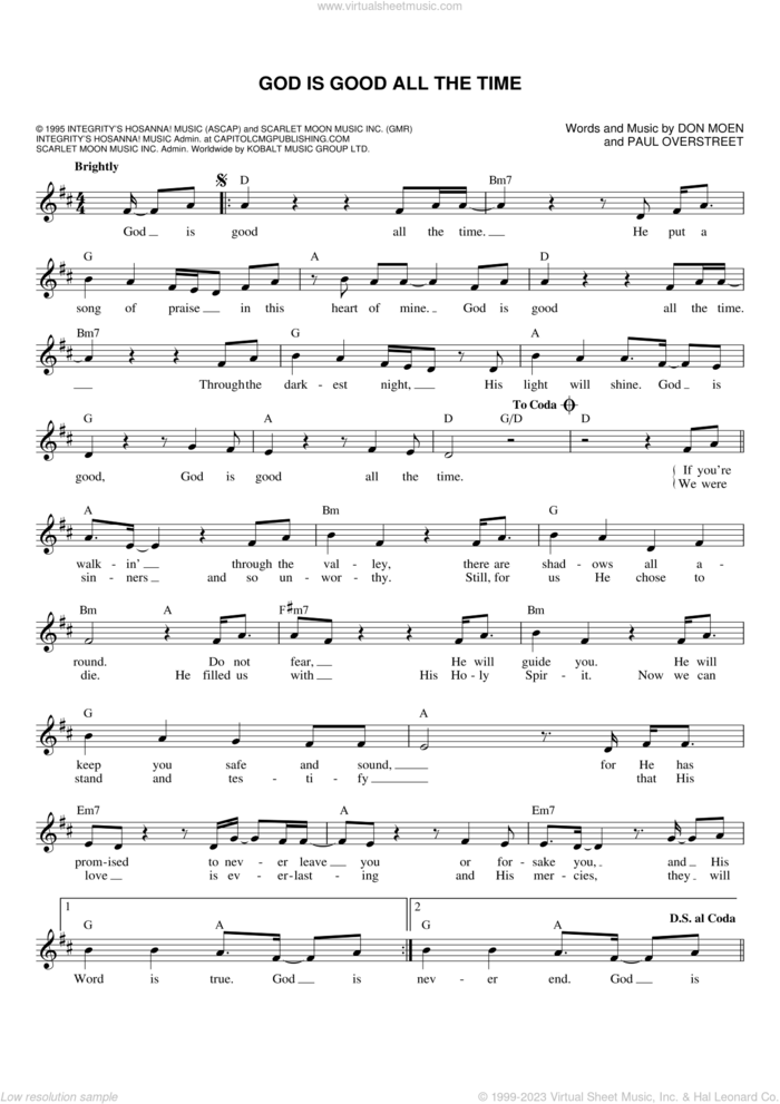 God Is Good All The Time sheet music for voice and other instruments (fake book) by Don Moen and Paul Overstreet, intermediate skill level