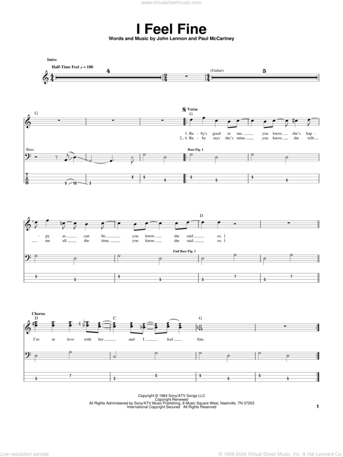 I Feel Fine sheet music for bass (tablature) (bass guitar) by The Beatles, John Lennon and Paul McCartney, intermediate skill level