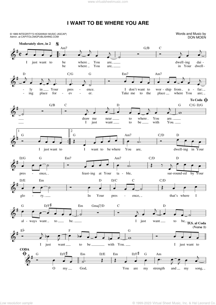 I Want To Be Where You Are sheet music for voice and other instruments (fake book) by Don Moen, intermediate skill level