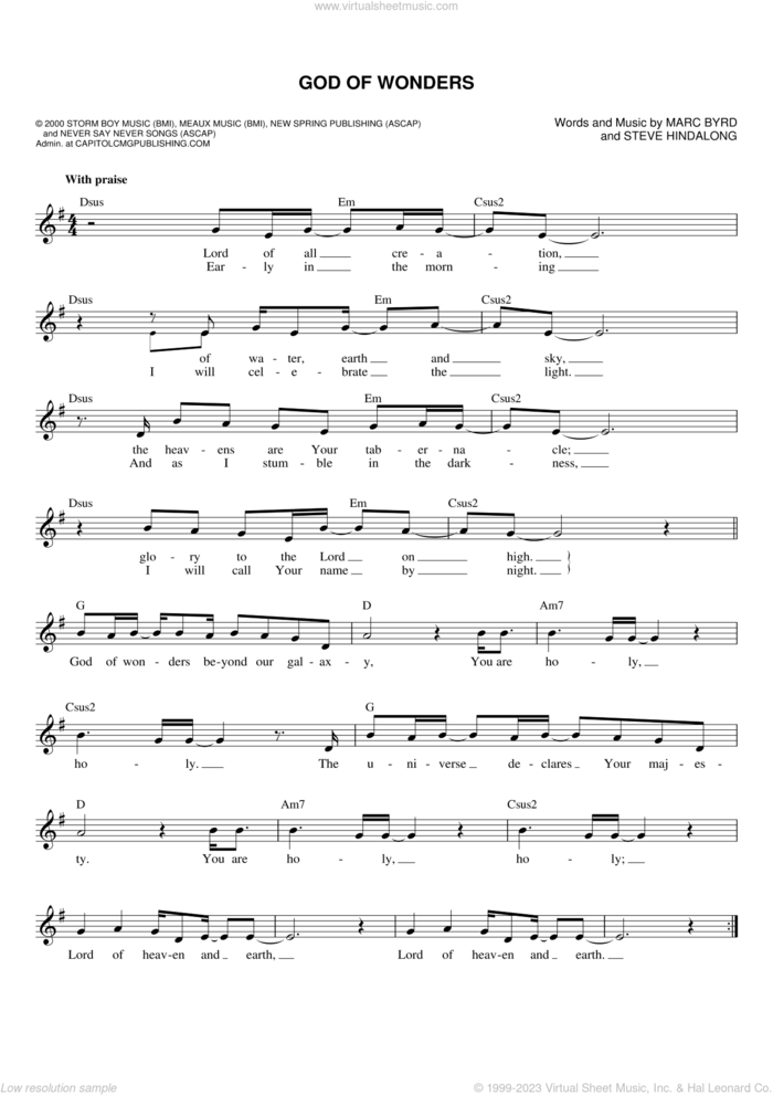 God Of Wonders sheet music for voice and other instruments (fake book) by Third Day, Rebecca St. James, Marc Byrd and Steve Hindalong, intermediate skill level