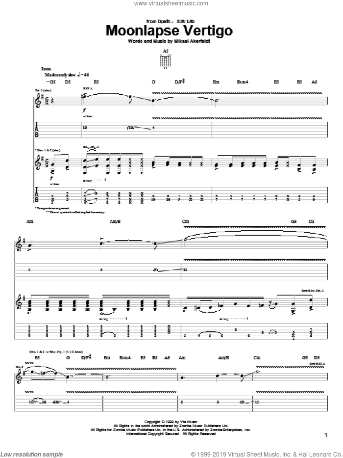 Moonlapse Vertigo sheet music for guitar (tablature) by Opeth and Mikael Akerfeldt, intermediate skill level