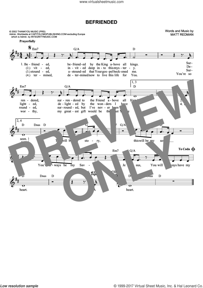 Befriended sheet music for voice and other instruments (fake book) by Matt Redman, intermediate skill level