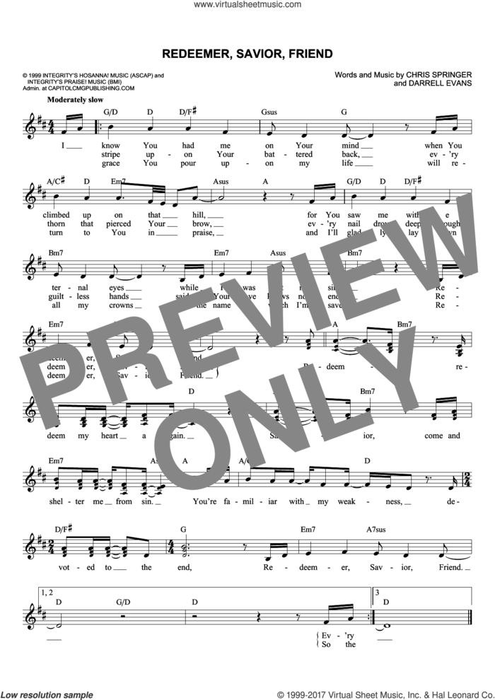 Redeemer, Savior, Friend sheet music for voice and other instruments (fake book) by Chris Springer and Darrell Evans, intermediate skill level