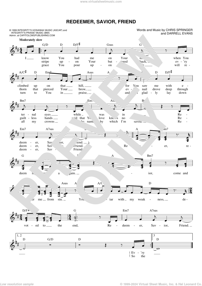 Redeemer, Savior, Friend sheet music for voice and other instruments (fake book) by Chris Springer and Darrell Evans, intermediate skill level