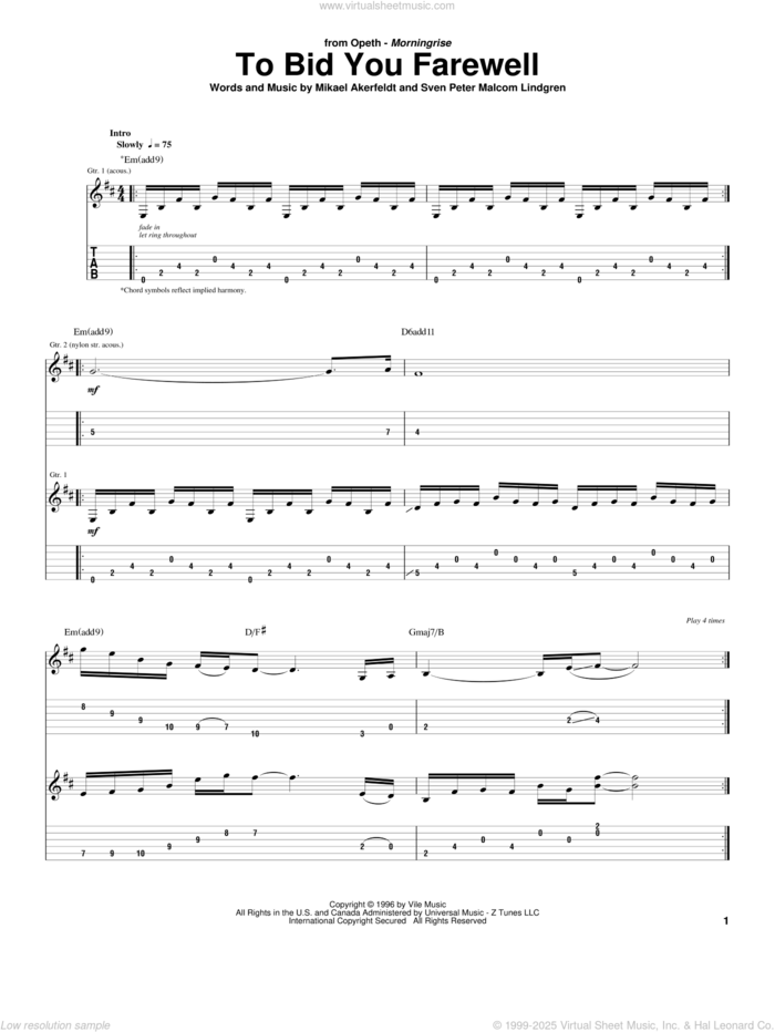 To Bid You Farewell sheet music for guitar (tablature) by Opeth, Mikael Akerfeldt and Sven Peter Malcom Lindgren, intermediate skill level