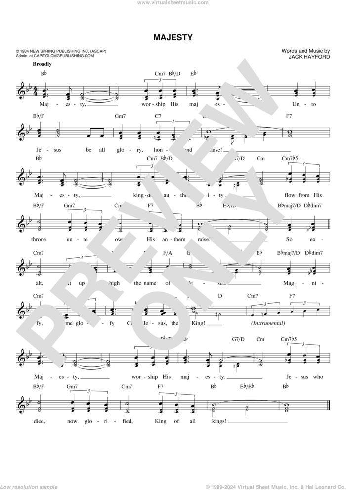 Majesty sheet music for voice and other instruments (fake book) by Jack Hayford, intermediate skill level