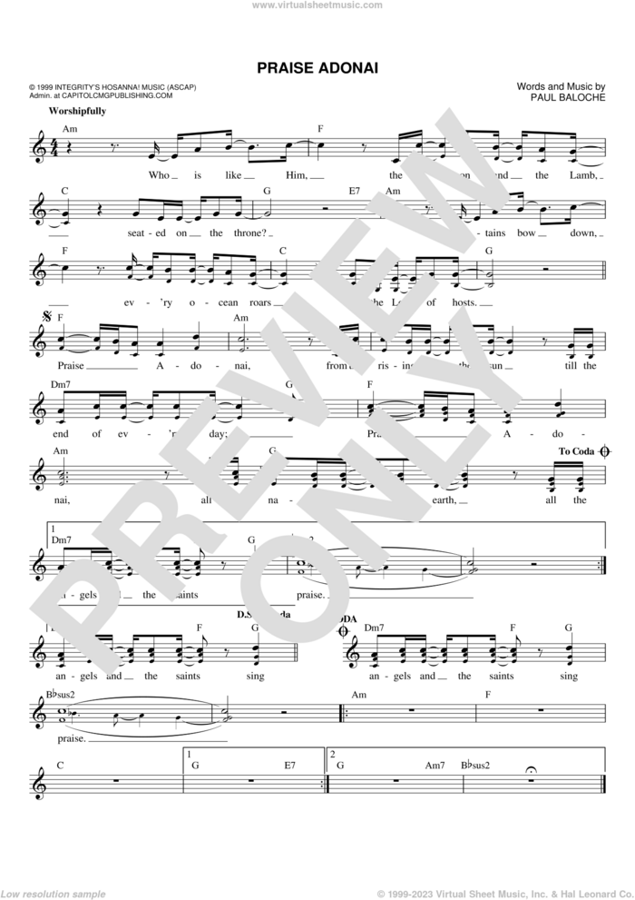 Praise Adonai sheet music for voice and other instruments (fake book) by Paul Baloche, intermediate skill level
