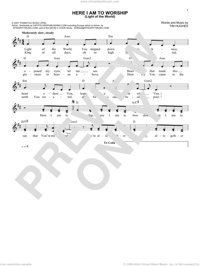 Here I Am To Worship (Light Of The World) sheet music for voice and other instruments (fake book) by Tim Hughes and Phillips, Craig & Dean, intermediate skill level
