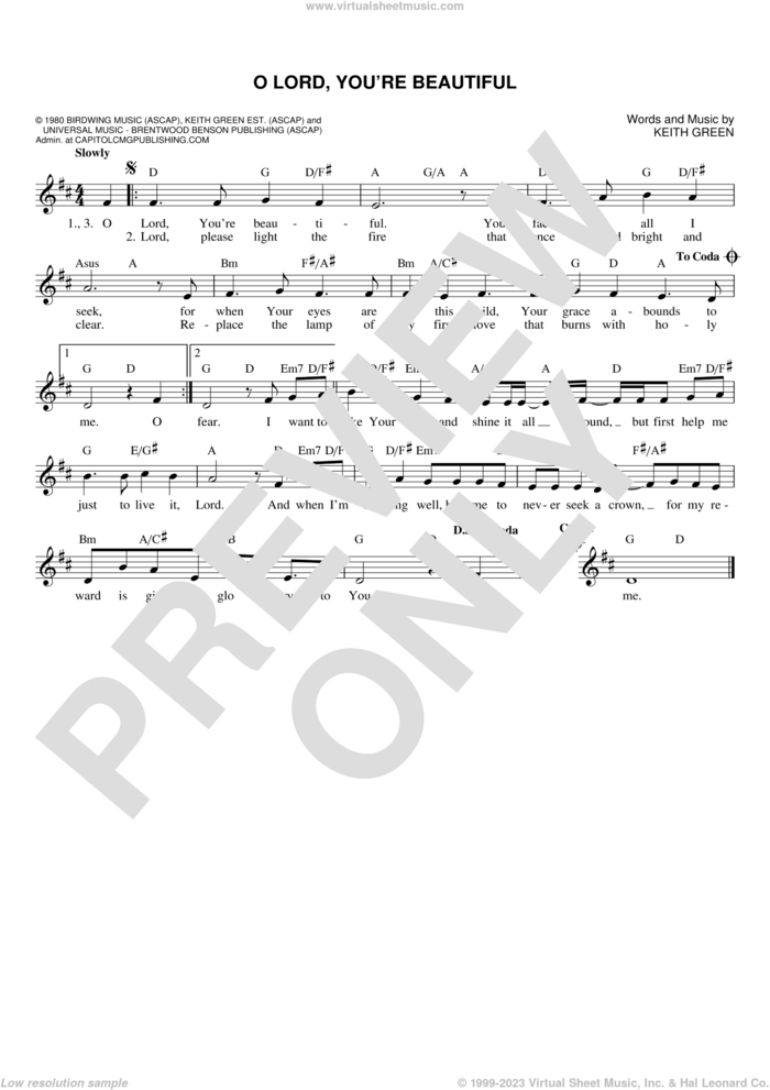 O Lord, You're Beautiful sheet music for voice and other instruments (fake book) by Keith Green and Rebecca St. James, intermediate skill level