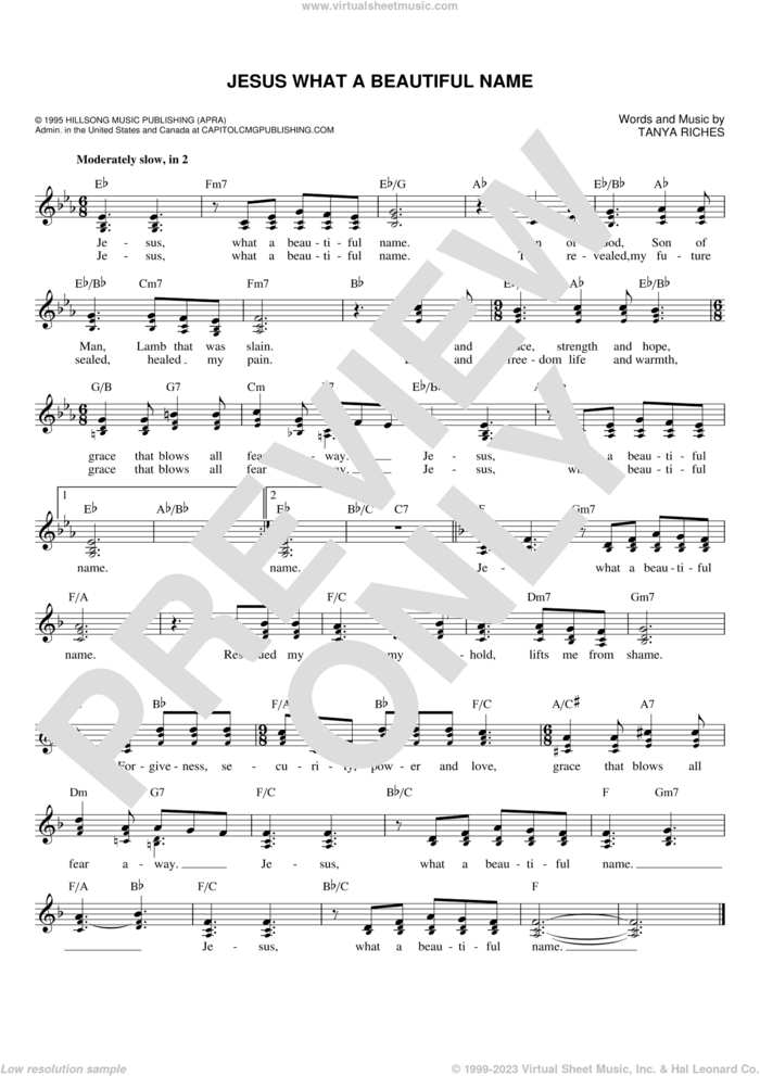 Jesus What A Beautiful Name sheet music for voice and other instruments (fake book) by Tanya Riches, intermediate skill level