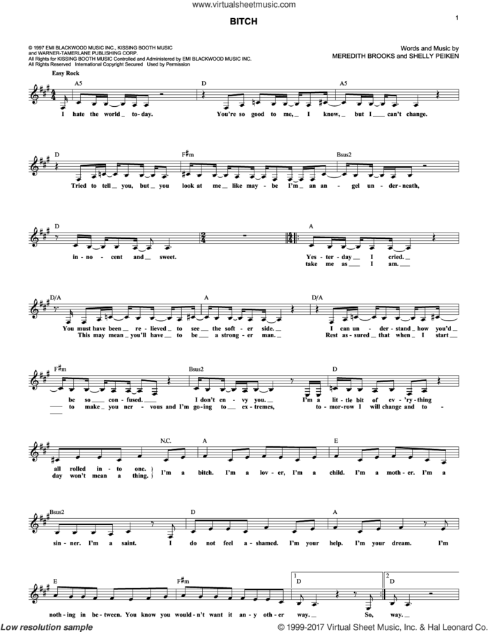 Bitch sheet music for voice and other instruments (fake book) by Meredith Brooks and Shelly Peiken, intermediate skill level