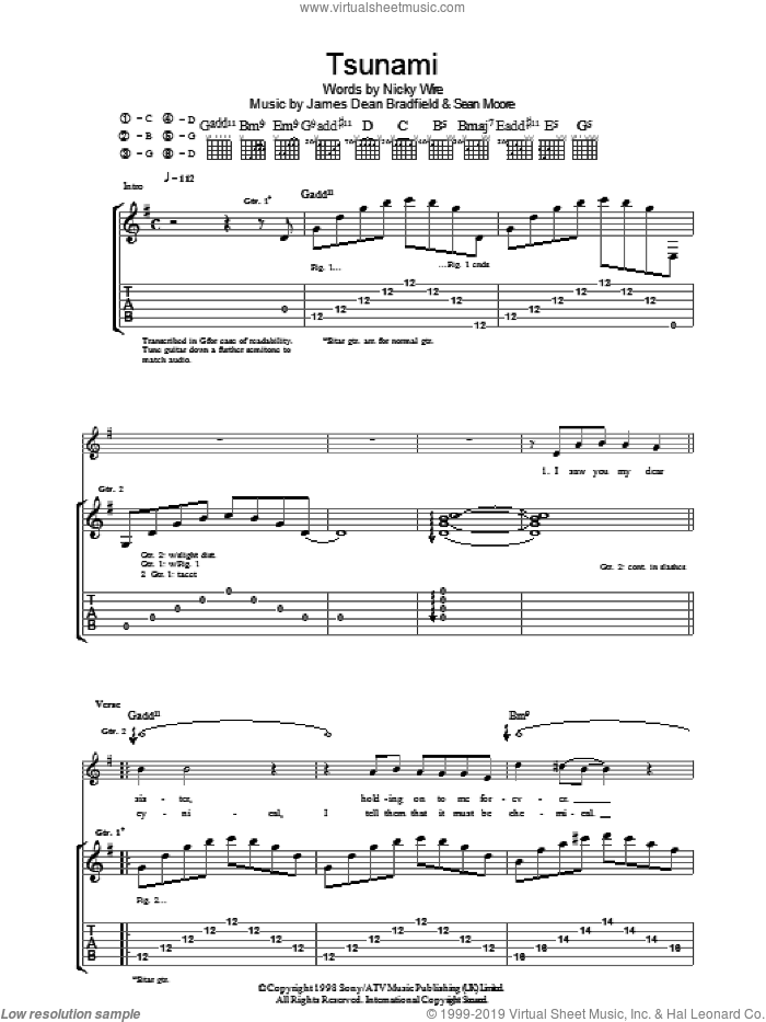 Tsunami sheet music for guitar (tablature) by Manic Street Preachers, James Dean Bradfield, Nicky Wire and Sean Moore, intermediate skill level