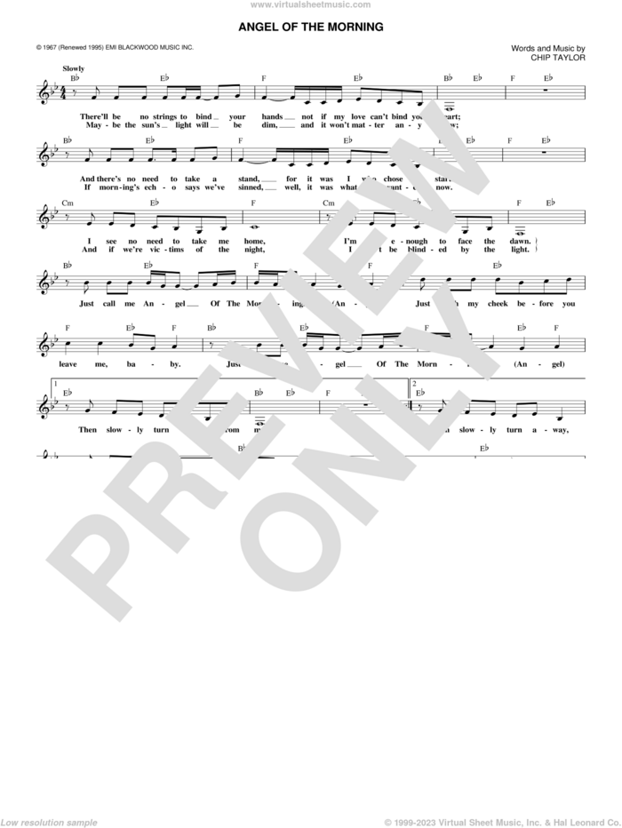Angel Of The Morning sheet music for voice and other instruments (fake book) by Chip Taylor, Juice Newton and Merrilee Rush & The Turnabouts, intermediate skill level