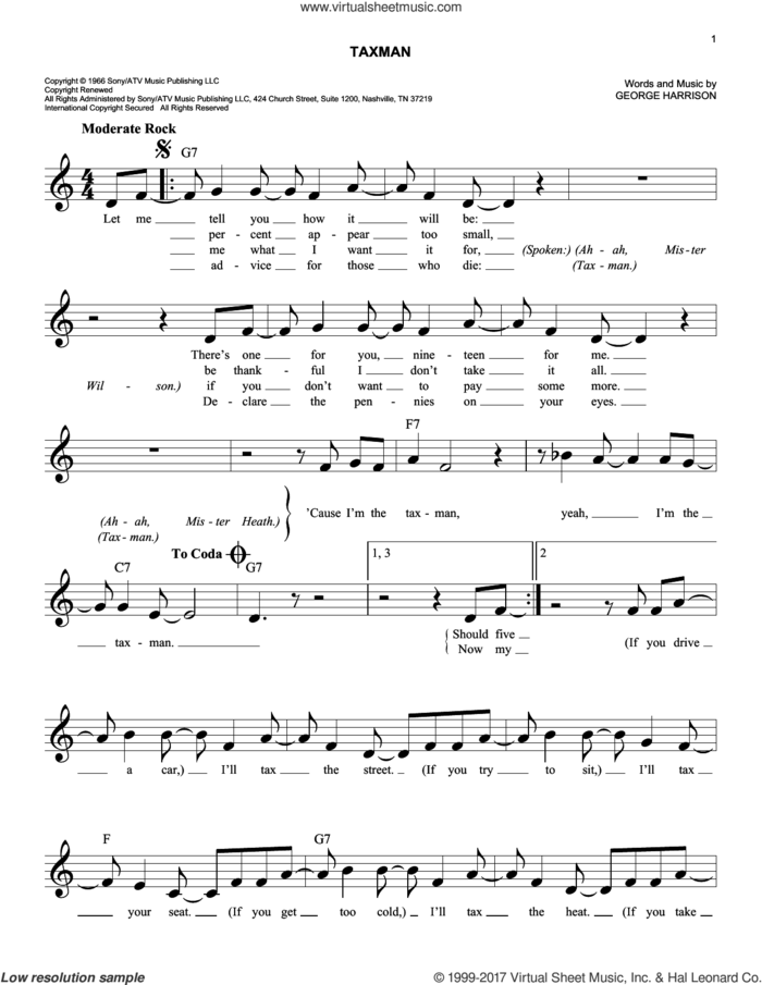 Taxman sheet music for voice and other instruments (fake book) by The Beatles and George Harrison, easy skill level